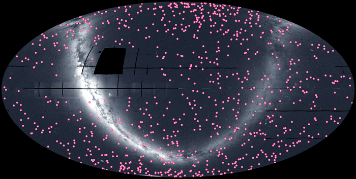 All-sky image of TESS confirmed planets; each pink dot represents a TESS confirmed planet