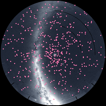 This image shows the southern hemisphere of the sky observed by TESS; each pink dot represents a TESS confirmed planet
